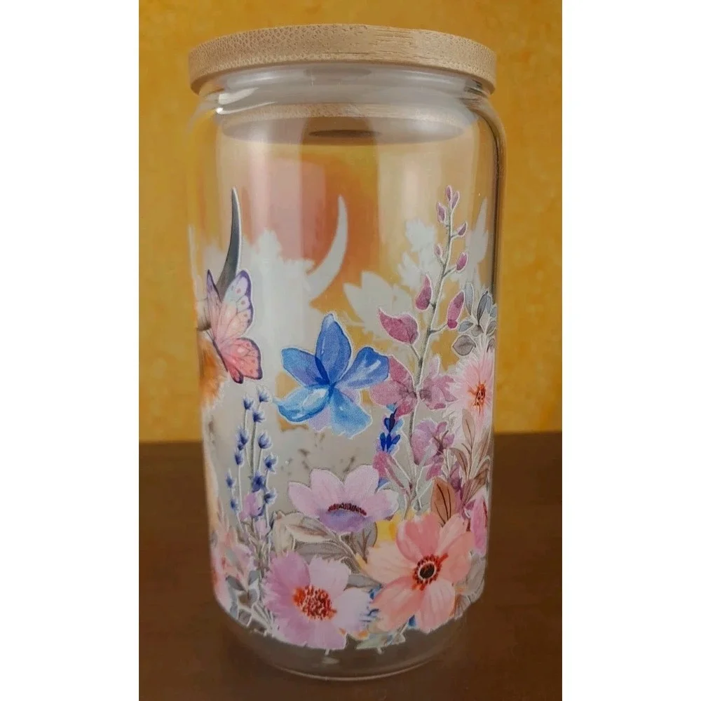 Midland Brown Cow With Wildflowers 12oz Frosted Glass Tumbler With Straw‎
